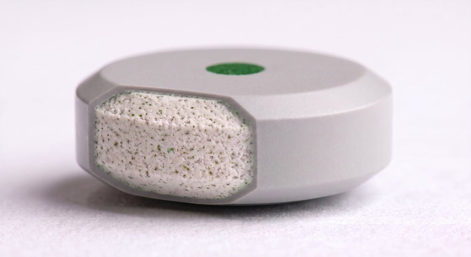 Gray TABCOTE tablet cut open to reveal its nutrient core and surrounding coating