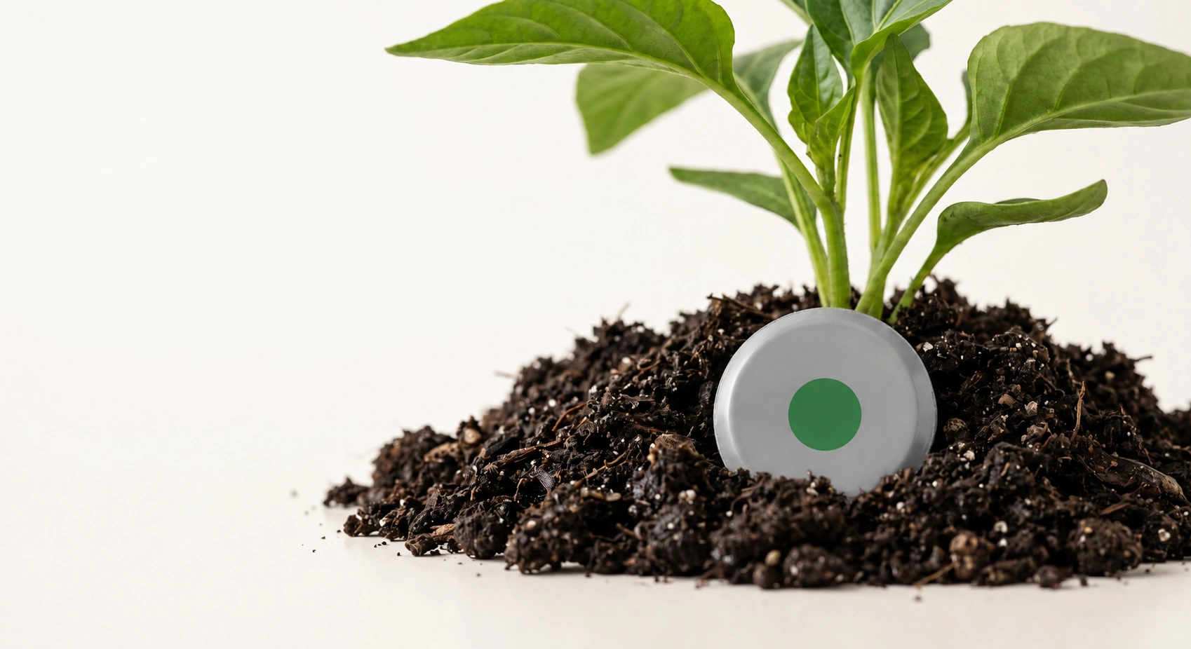 Light gray TABCOTE tablet with a green dot placed beside a plant in soil