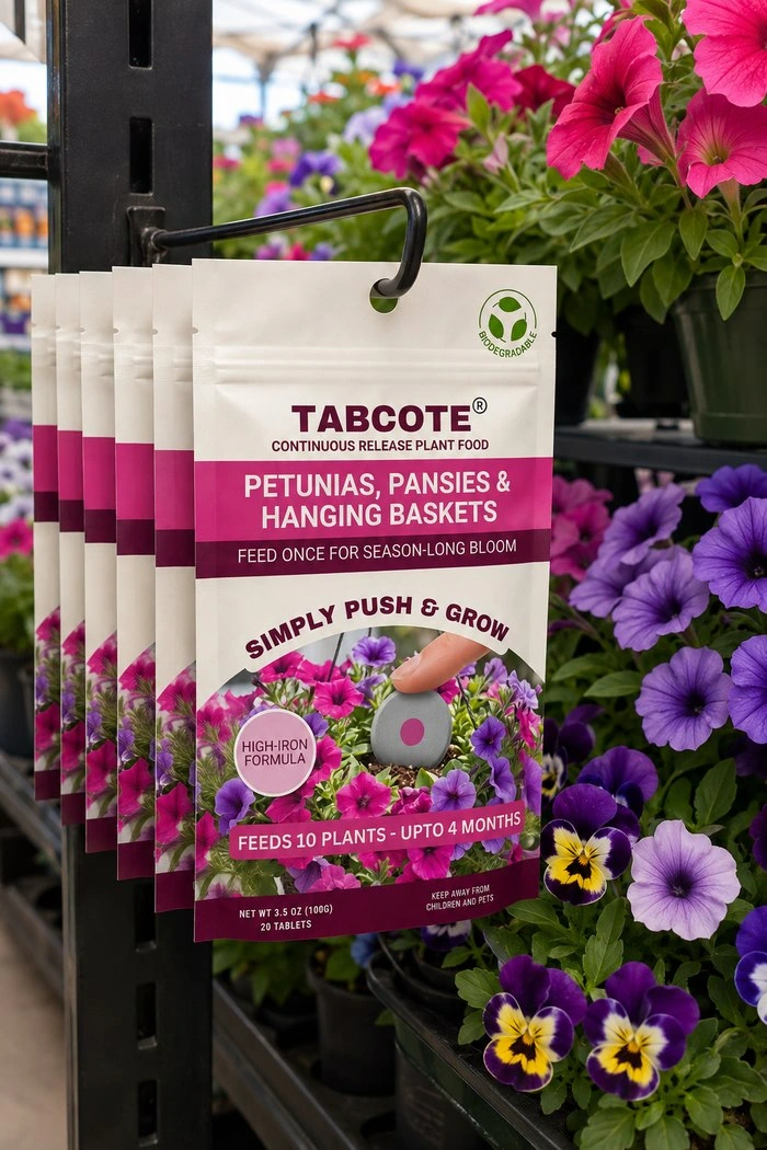 TABCOTE pouches displayed on a hook beside flowering petunias
