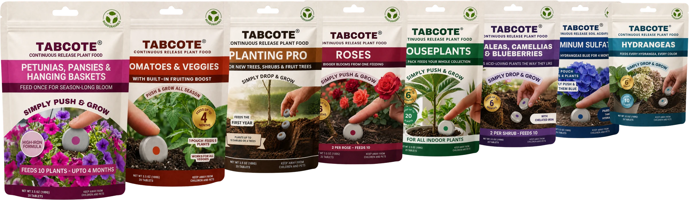 The eight TABCOTE retail formulas shown together in their colour-coded pouches