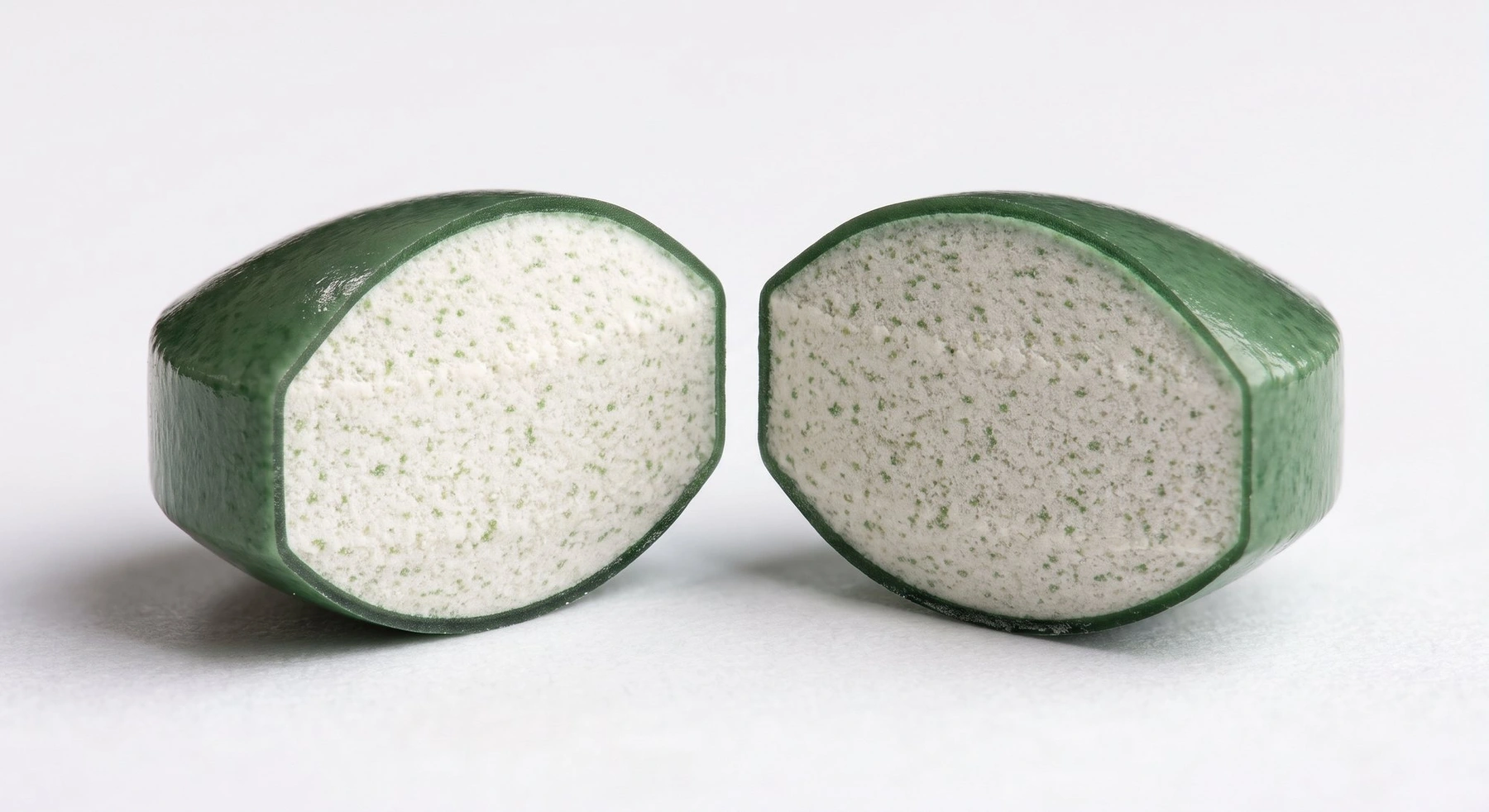 A cutaway tablet showing the nutrient core enclosed by its polymer coating