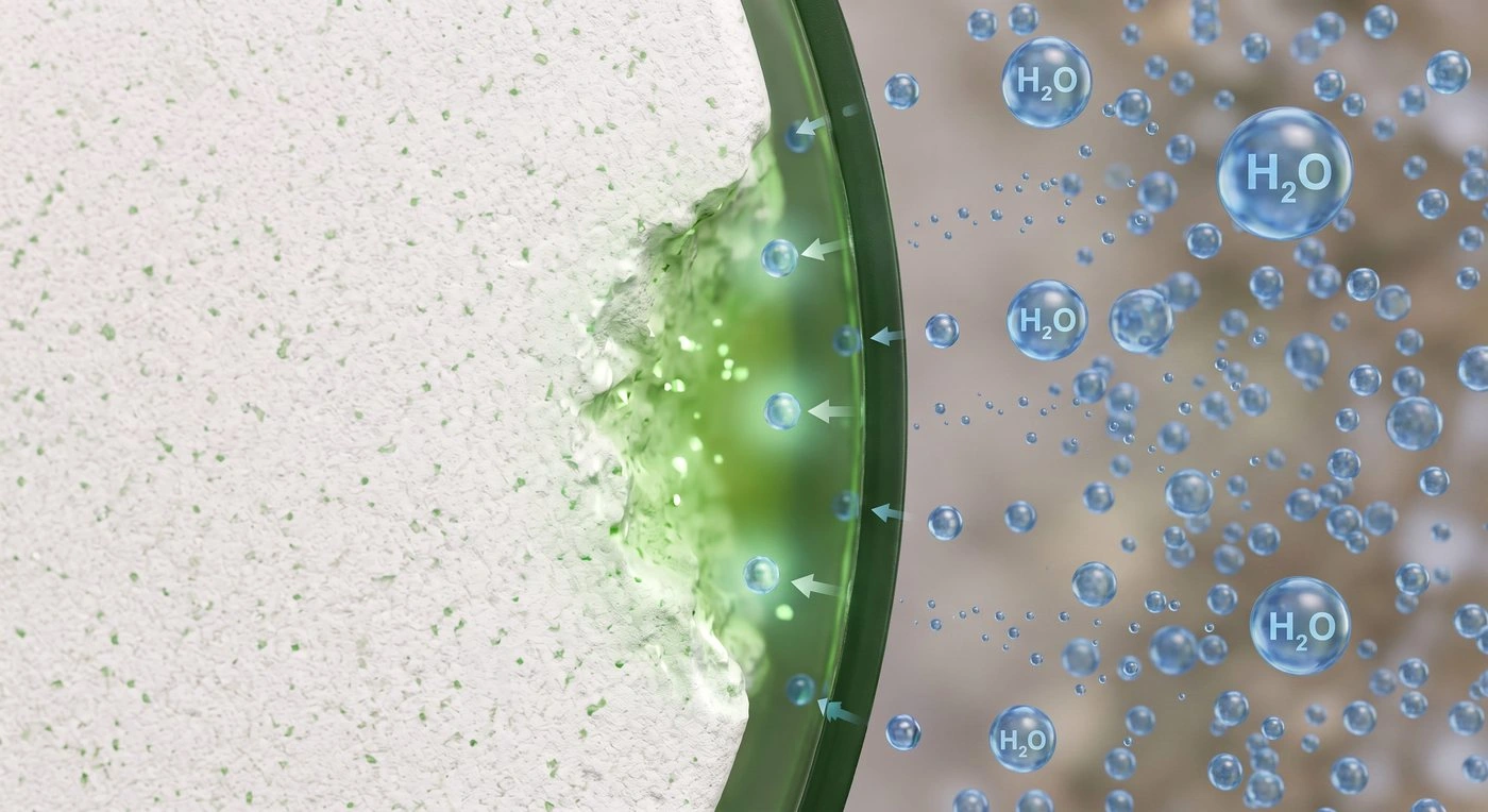 Blue water droplets crossing the coating into the tablet core