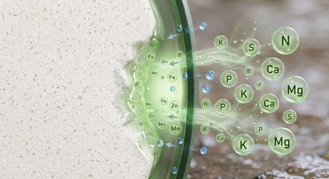 Nutrients moving from the core through the coating into the surrounding root zone